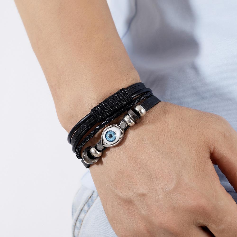 Pulseira Retrô Masculina Olho Grego Fecho Largo Tecida à Mão Pulseiras de Couro Multicamadas Bangles Joias de Luxo Presente