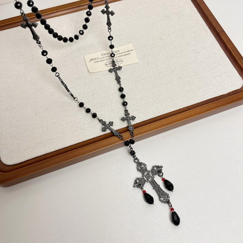 Gotischer Schwarzer Kreuzanhänger Lange Kette Halskette Damen Legierung Statement Layering Dunkle Ästhetik Schmuck