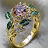 Huitan Elegant Fresh Style Lady Ring Flower Design Inlaid Shiny Pink CZ Leaf Shaped Aesthetic Wedding Accessories Trendy Jewelry