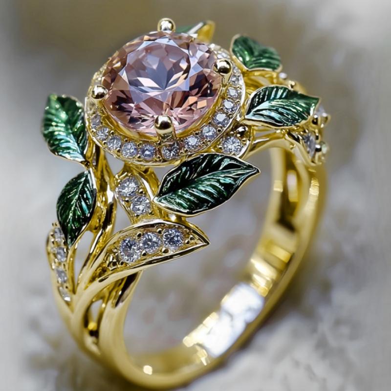 Huitan Elegant Fresh Style Lady Ring Flower Design Inlaid Shiny Pink CZ Leaf Shaped Aesthetic Wedding Accessories Trendy Jewelry