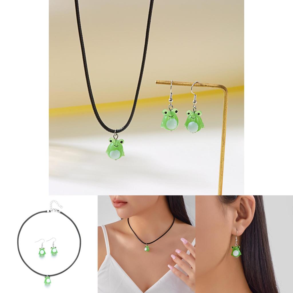 Frog Cartoon Glass Necklace And Earring Set With Pearl Chain For Casual Women And Men