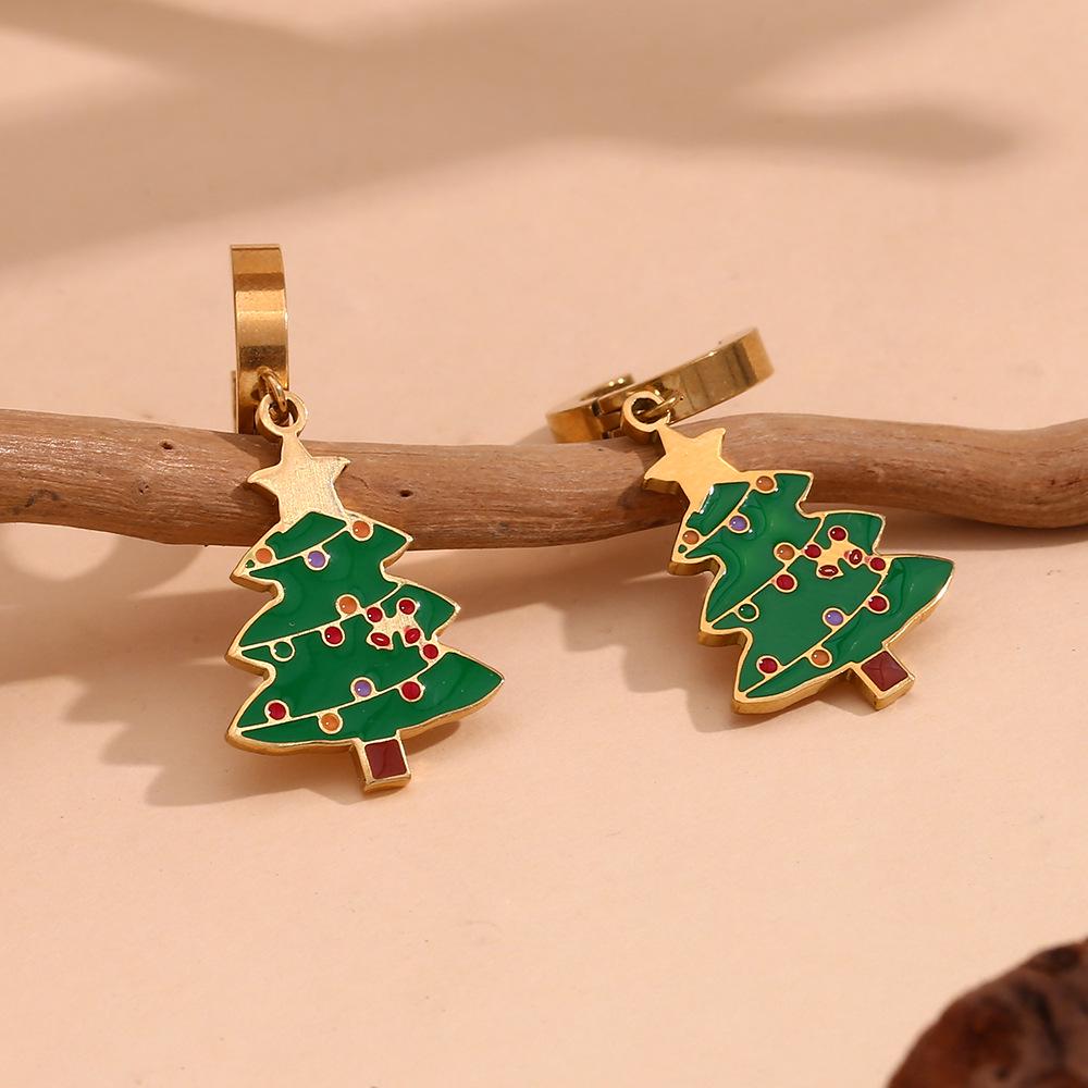 18K Gold Plated Christmas Tree Drip Oil Earrings - Cute Cartoon Design, European & American Fashion.