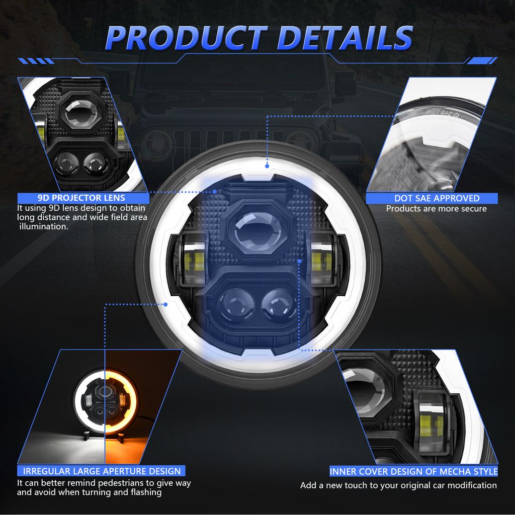 R1 7 Inch Round LED Headlight 4 Modes Off Road Vehicle Headlamp for Motorcycle Classic Cars