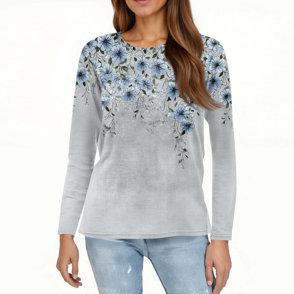 Women's Fashion Casual Slit Hem Round Neck Long Sleeve Loose Printed T-Shirt Ladies Top
