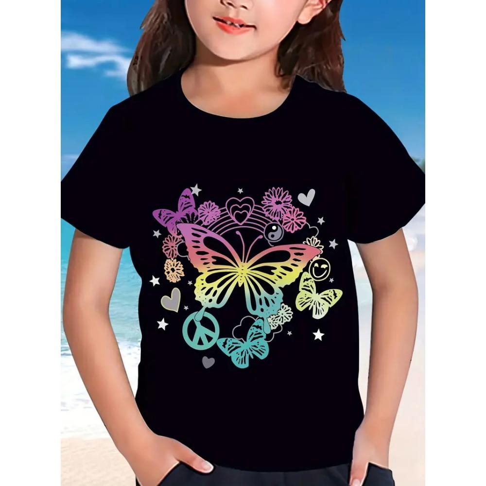 Summer Round Neck 3D Butterfly Pattern Printed Top Fashionable Casual Short Sleeved Children's Girl T-shirts