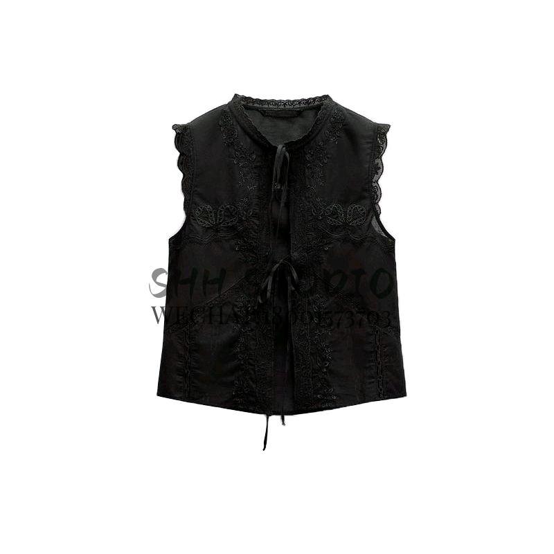 Spring New Women Clothes Sweet Round Neck Sleeveless Vertical Lace Bowknot Decoration Embroidery Top 0881070