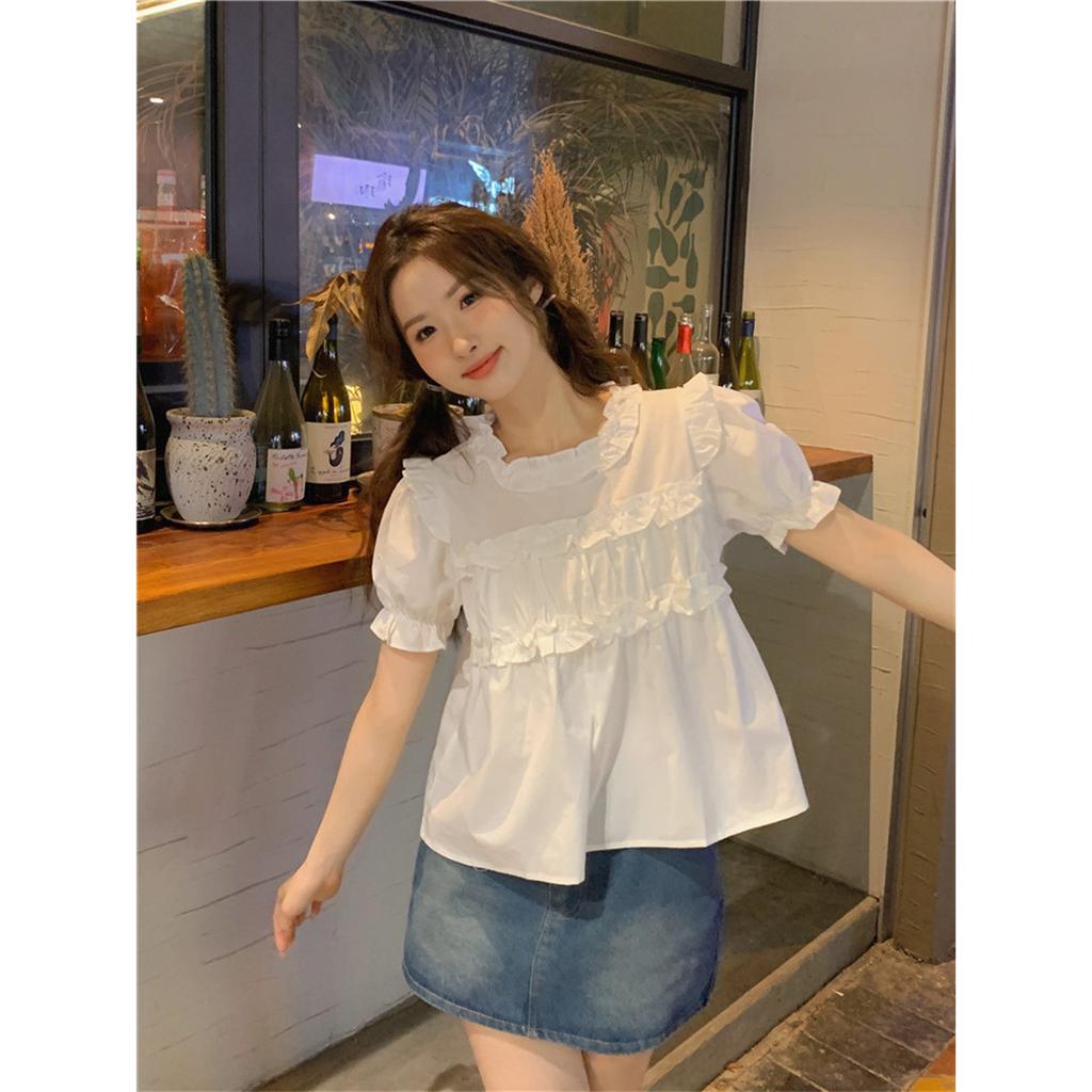 Temperament Fungus Edge Bubble Sleeve Doll Shirt Women's Summer New Loose Age Reduction Thin Short Sleeve Shirt