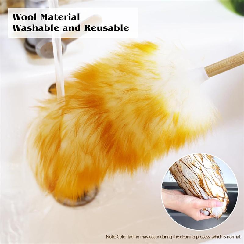Lambswool Dusters For Cleaning With Solid Wooden Handle, Leather Hanging Strap, 15 Inch Natural Wool Duster
