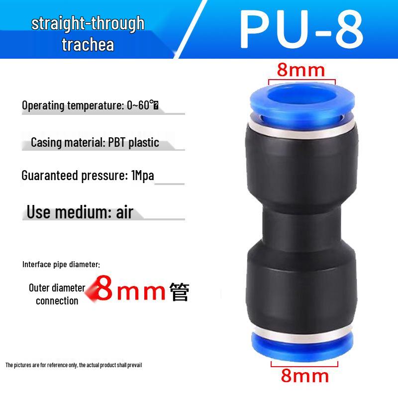 Pneumatic Air Tube Connector: PU8 Straight, PV10 Right-Angle Elbow, Quick-Insert, Butt Joint, Blue Plastic, PG6-4 Reducer.