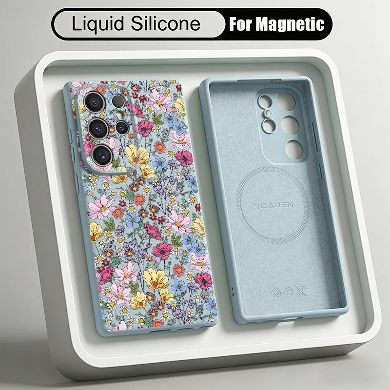 INS Floral Pattern Case For Samsung Galaxy S26 S25 Ultra S24 Plus S23 S22 Ultra Magnetic For Magsafe Liquid Silicone Cover