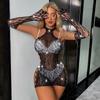 Women Sexy Fishnet Hollow Lingerie Long Sleeve Tigh Mini Dress  See-through Bra Pajamas for Cosplay Erotic Costume
