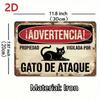 Vintage Spanish Warning Attack Cat Metal Sign, Funny Beware Violent Cat Plaque, Rustic Iron Wall Art for Office Cafe