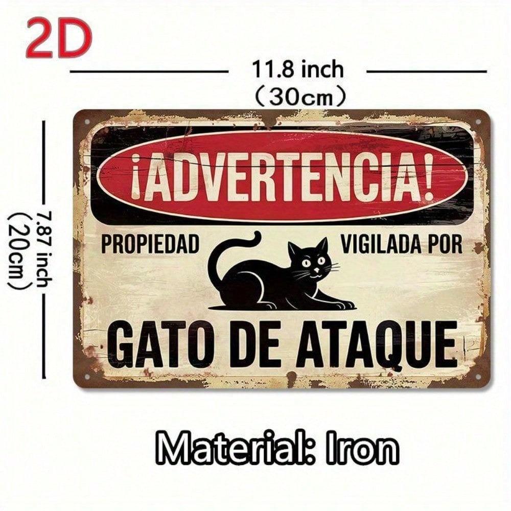 Vintage Spanish Warning Attack Cat Metal Sign, Funny Beware Violent Cat Plaque, Rustic Iron Wall Art for Office Cafe