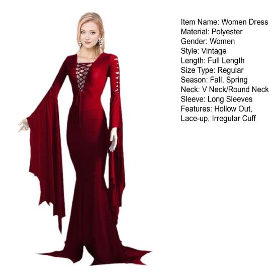Women Halloween Dress Lace-up Slim Fit Irregular Ruffle Cuff Bell Sleeves Hollow Out Round Neck Solid Color Vampires Cosplay Performance Maxi Dress