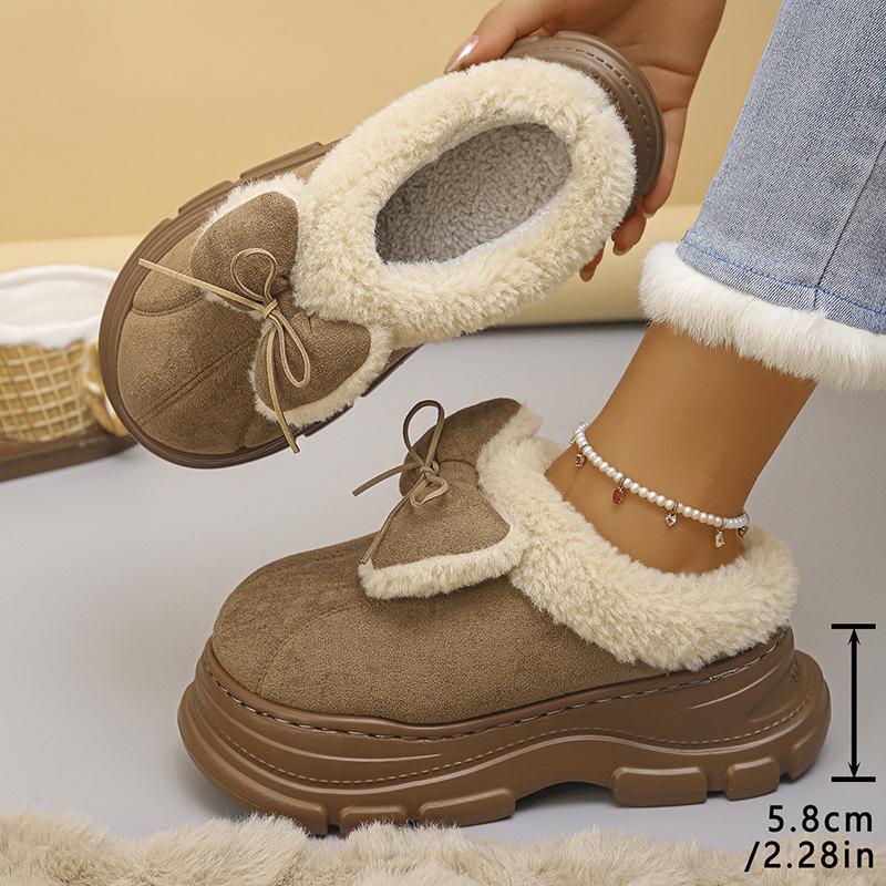 

Fashion Bowknot Decor Platform Slippers Women Comfortable Non Slip Warm Fluffy Slippers Woman Thick Sole Fleece Lining Home Slides Shoes 40-41 кофейный