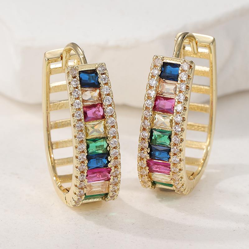 Sparking Colored Synthetic Zirconia Hoop Earrings for Women's Vintage Golden Plated Banquet Wedding Jewelry Accessories