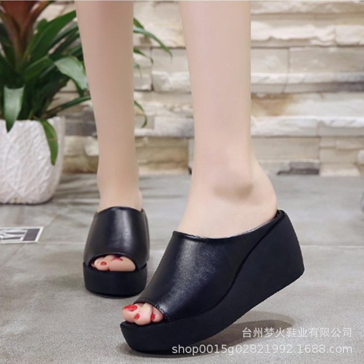 New slope heel cool slippers women's summer muffin thick sole solid color slippers high heel one word sandals