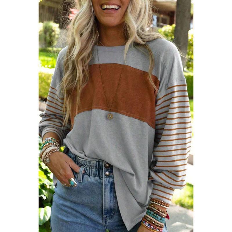 Polyester Striped Casual Long Sleeve T Shirt For Women With Color Block Design For Spring