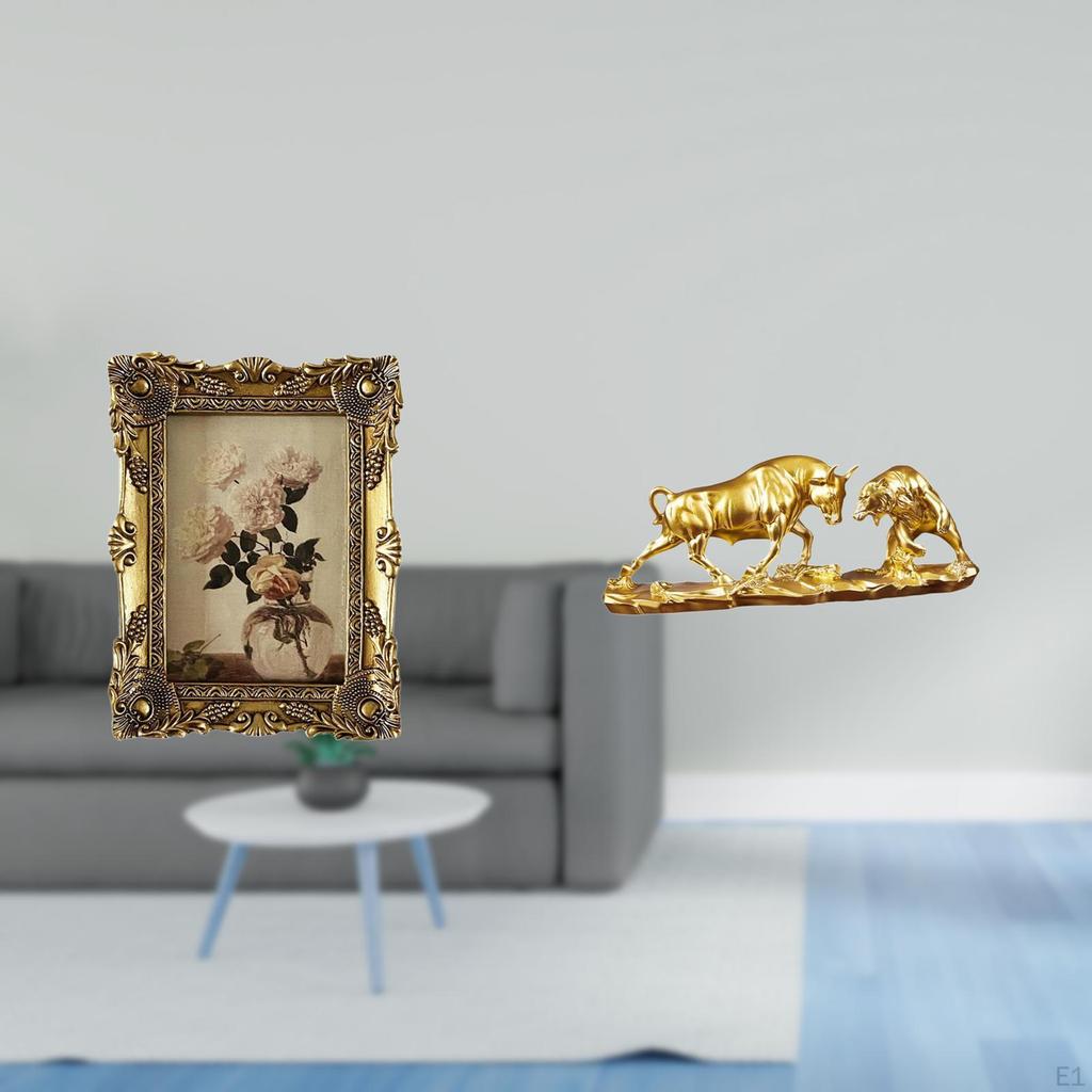 Vintage Resin Photo Frame with Ornate Bull Figurine Modern Chinese Cattle Sculpture for Tabletop