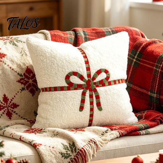 Christmas Throw Pillow Covers Cover, Bow Knot Pattern Cushion 18x18 Inch Theme Soft Plush Case for Sofa Couch Holiday Home Decor Luxury Shells