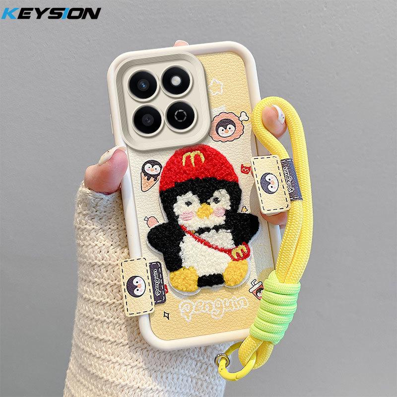 KEYSION Cartoon Cute Plush Embroidery Case for HONOR 200 Smart 5G with Lanyard Shockproof Phone Back Cover for Huawei Honor X7c