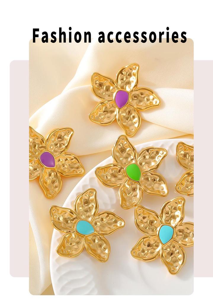 18K Gold-Plated Retro Flower Earrings: European & American Style, Exaggerated Stainless Steel Design for Women