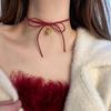 Collier Choker en Peluche Cloche Nœud de Noël Rouge Vin
