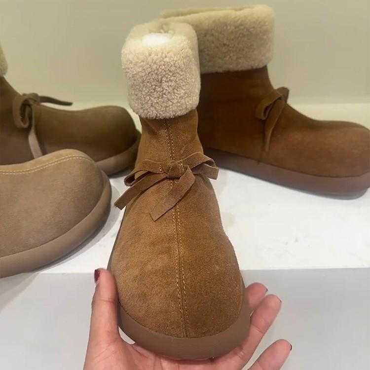 Cowhide version~ fur integrated fleece warm wool cotton boots women's retro wind short boots bow non-slip snow boots