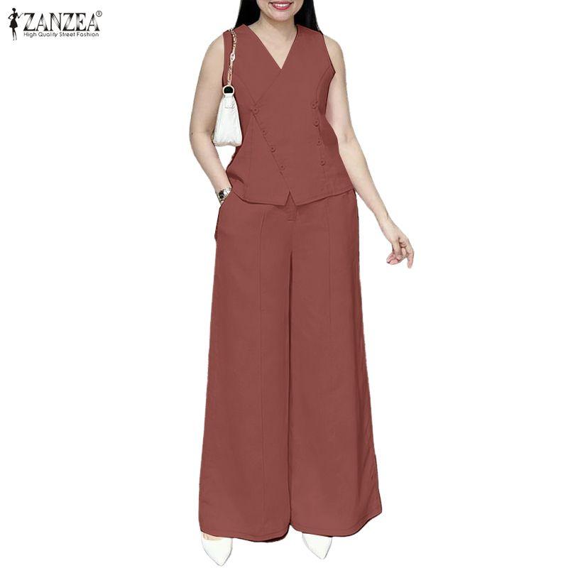 ZANZEA Women Sleeveless Vest Tops and Pants Summer Two Piece Suit Sets