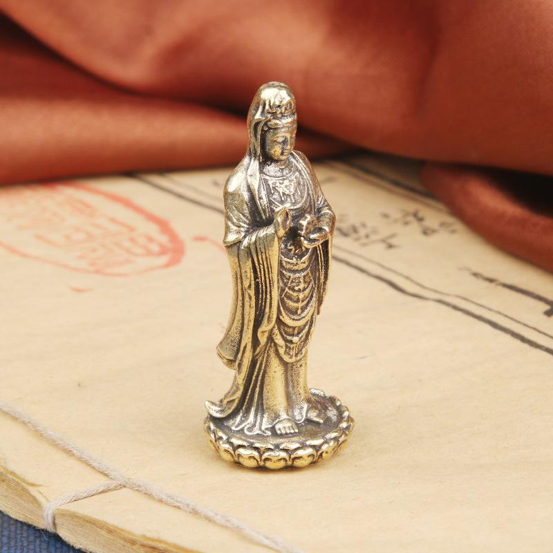 Vintage Brass Nanhai Guanyin Sculpture Buddha Portable Bodhisattva Bronze Religious Offering God Statue Old