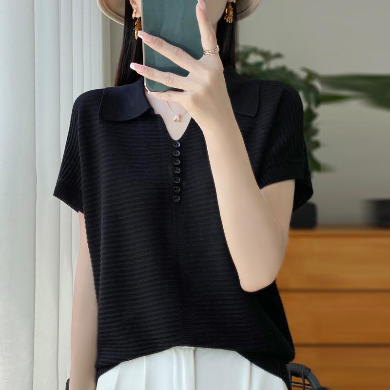 Women Knit T-shirt Summer Knitted Shirt Short Sleeve Tees Turn-down Collar Pullover Knit Tops Female