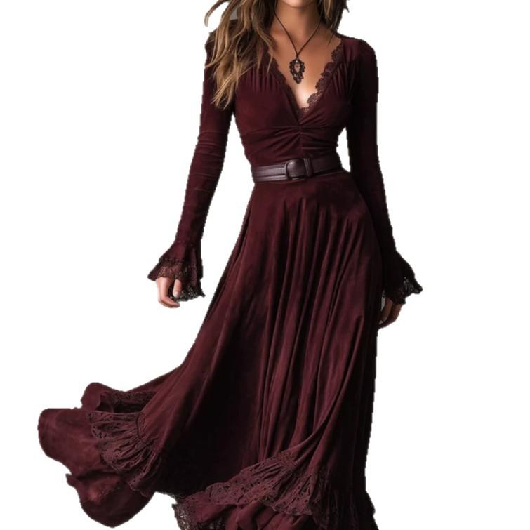 Bohemian Suede Waist Deep V-neck Lace Splicing Ruffle Vibe Dress Dress
