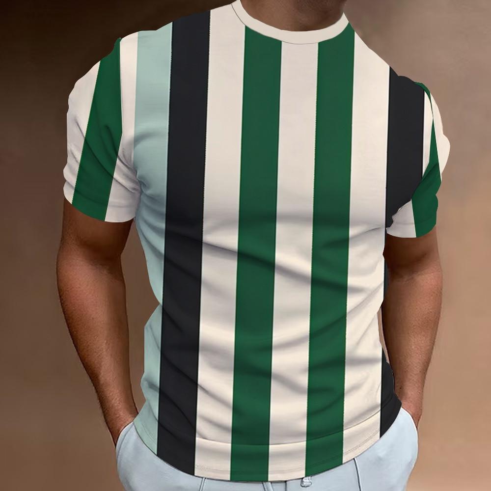 Men s T-shirt striped 3D printed T-shirt round neck short sleeved casual T-shirt XS