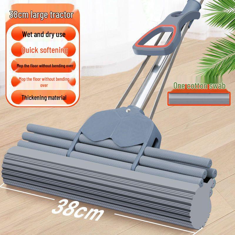 Sponge Mop with Cotton Squeeze Roller - High Absorption, Hands-Free, Large & Durable for Household Floors