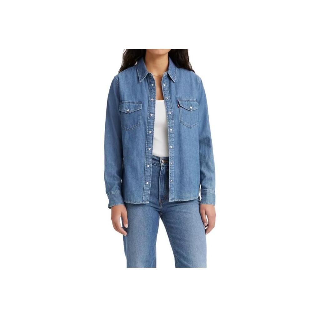Levis Solid Color Long Sleeve Collared Shirt Women Tops Blue 16786-0017