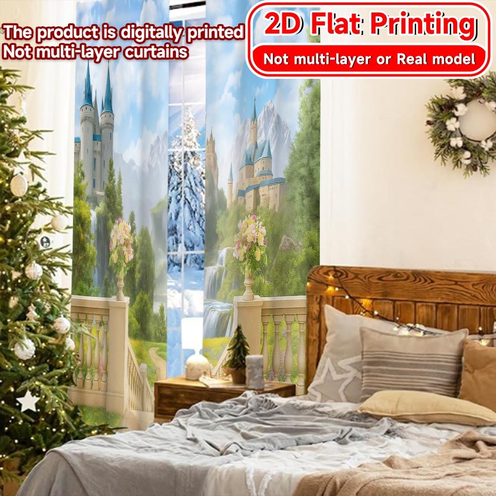 2pcs   2D FLAT PRINTING Curtains (Without Rod) Enchanted Castle Holiday Halloween Christmas Printed Curtains Versatile Fabric