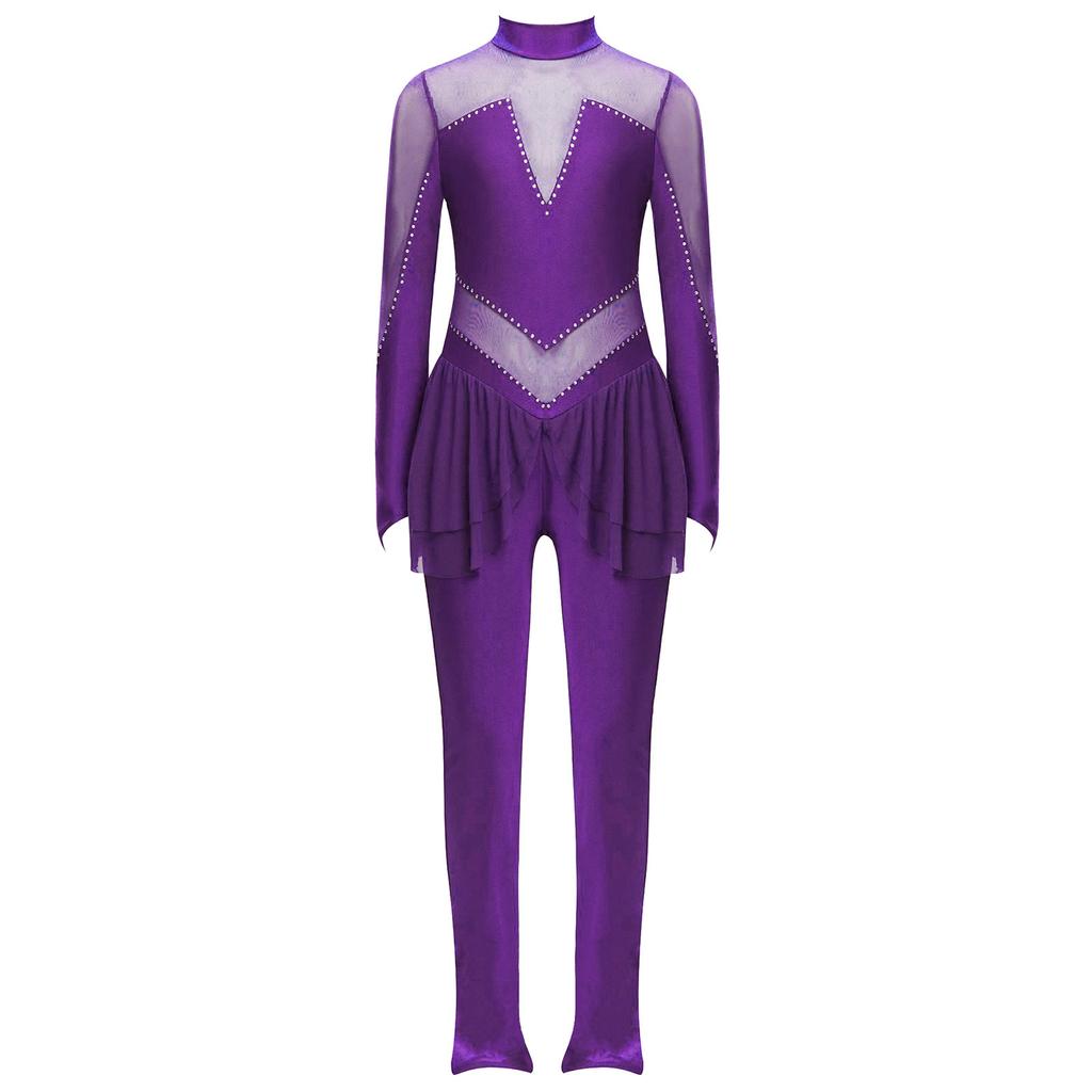 Mädchen Eiskunstlauf Performance Jumpsuit Stehkragen Langarm Transparenter Mesh Patchwork Glänzende Strasssteine Ganzkörperanzug