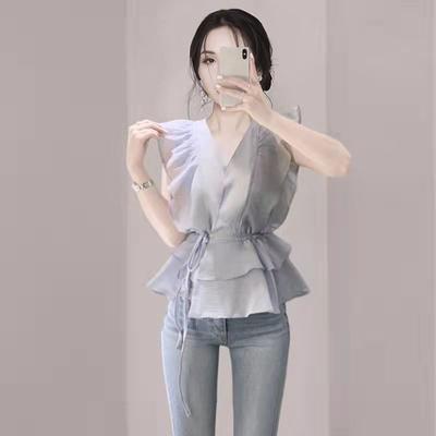 Women's Summer Design Pretty Chiffon Shirt Temperament V-Neck Top