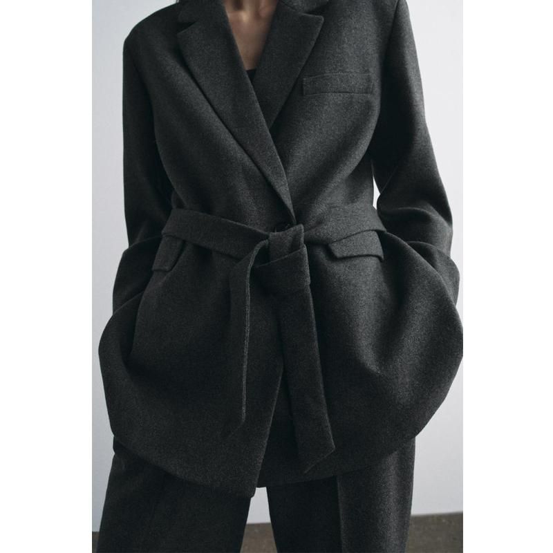 Fall and Winter New Women's Clothing Wool Blend with Belt Suit Outwear 3736248 Straight-Leg Trousers 3736259