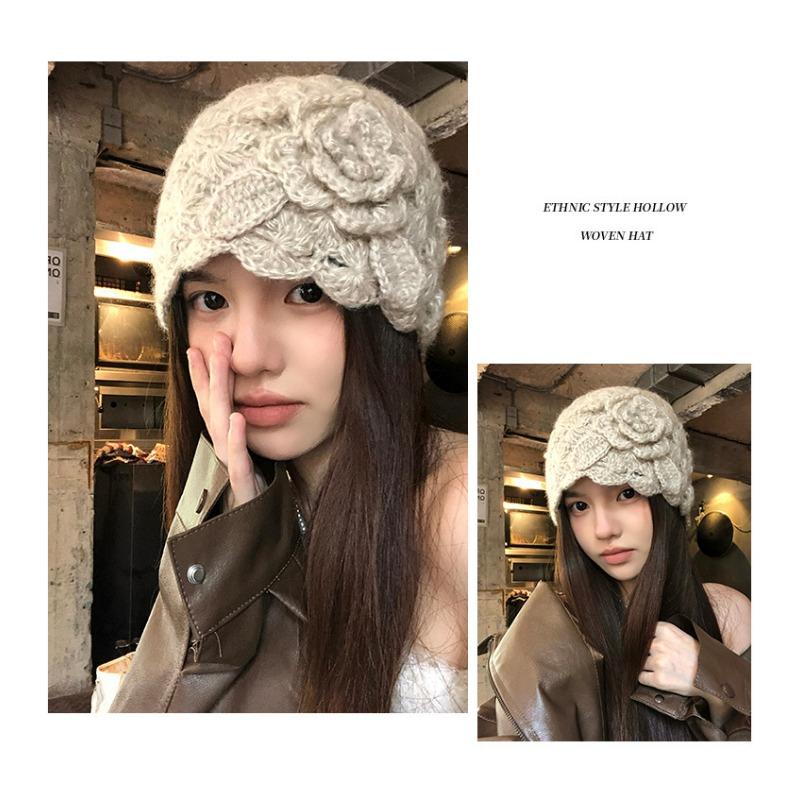 Women Japanese Style Hollow Flower Knit Beanie Autumn Winter Warm Hat