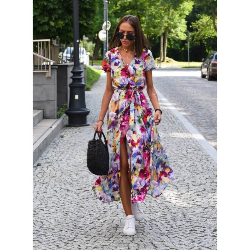 Euro Style Short Sleeve V Neck Printed Dress With High Waist For Summer Streetwear