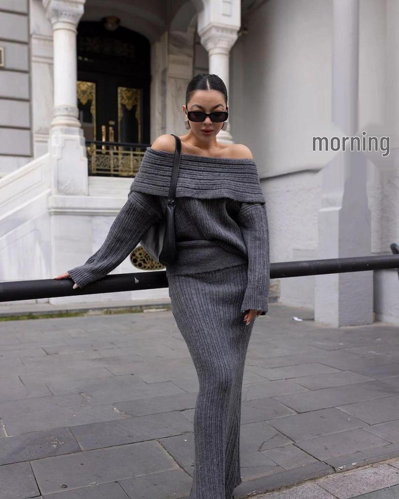 2024 European & American Style Off-the-Shoulder Knitted Sweater Two-Piece Set with Long Sleeves