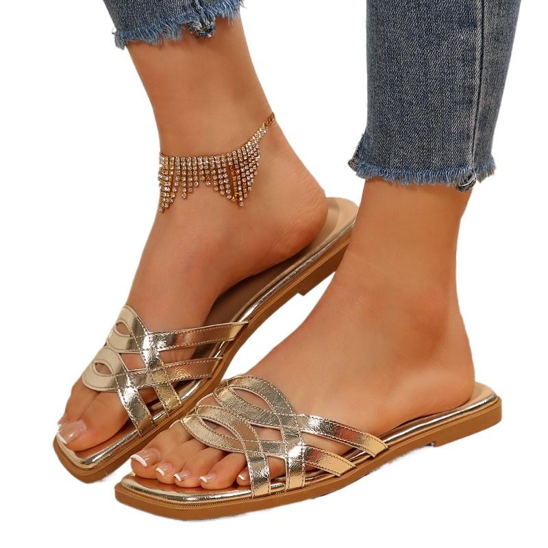 

Fashion Plus Size 2025 Summer Open Toe Women s Slippers Hot Sale Narrow Band Square Toe Low Heel Sandals Outdoor Casual Daily Slippers 43 золотой