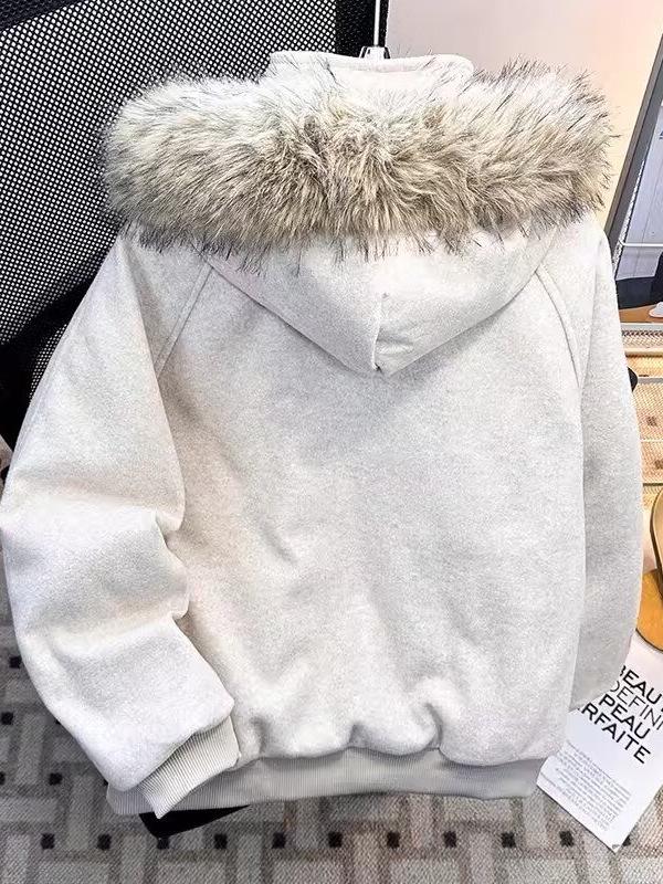 Zuoshandiao Unisex Hooded Wool Jacket with Fur Collar - Warm, Thick Cotton Outerwear for Autumn/Winter