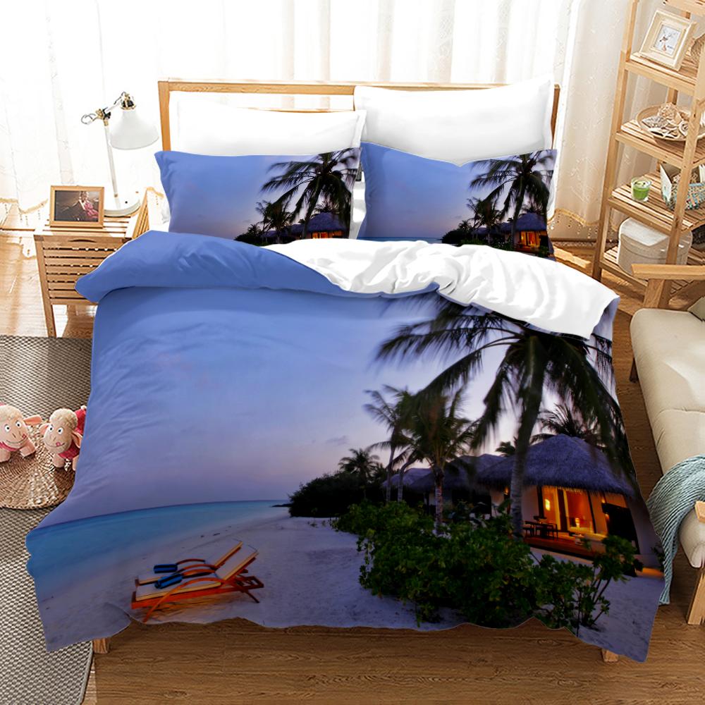Tropical Landscape Polyester Duvet Cover Sets King Full With Pillowcase Coconut Trees Sea Sunset Natural View Large Sun Pattern