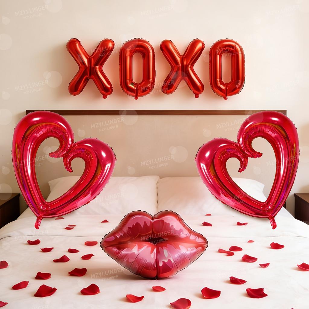 Valentine's Day Balloon Set XOXO Letter Red Lips Heart shaped Balloon for Single Girl's Birthday Decor on Valentine's Day