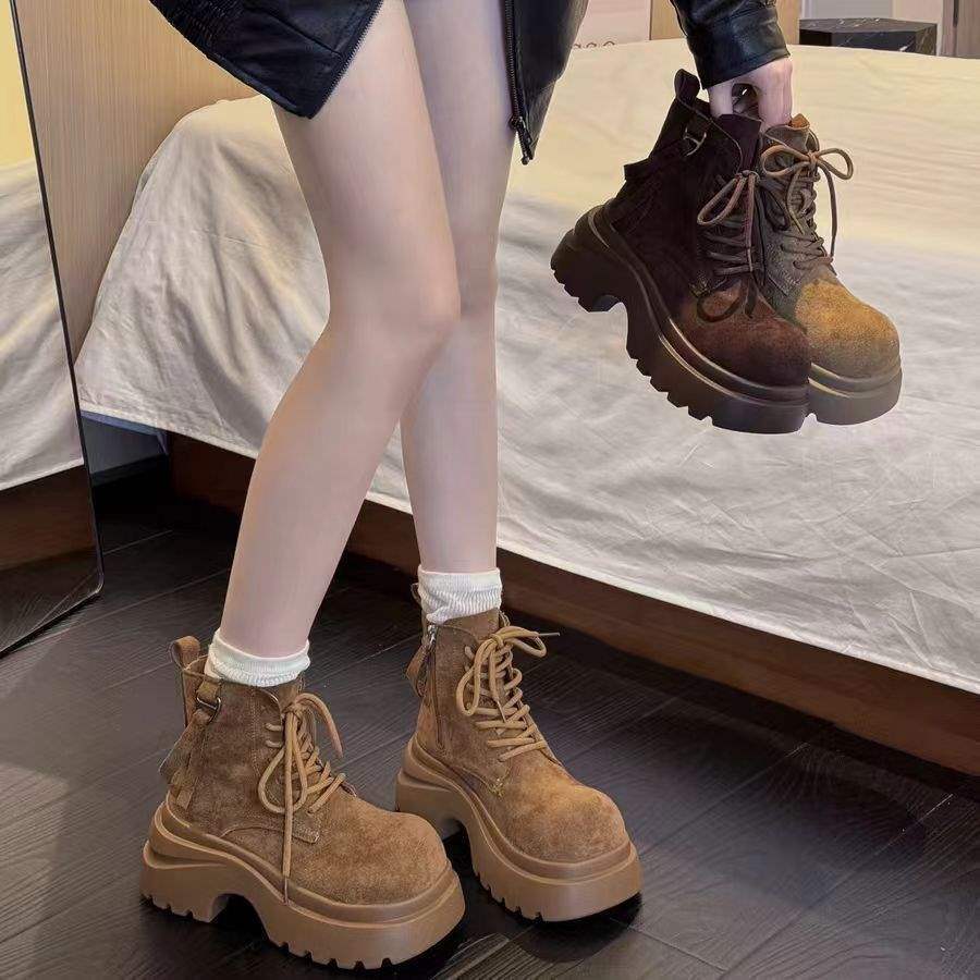 Thick-soled Matte Martin Boots Women's 2025 Autumn New Muffin Heightening Retro Locomotive Short Boots Lace-up