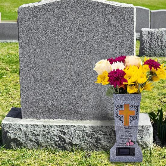 Solar Cemetery Vase with LED for Gravestone Outdoor Artificial Fresh Flower Holder Headstone