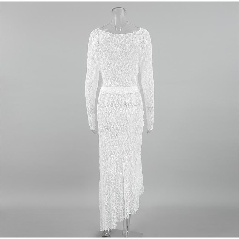 Spring and Summer Fashionable and Sexy 2-Piece Temperament Transparent Satin Lace Long Sleeved Top and Low Waist Skirt Set