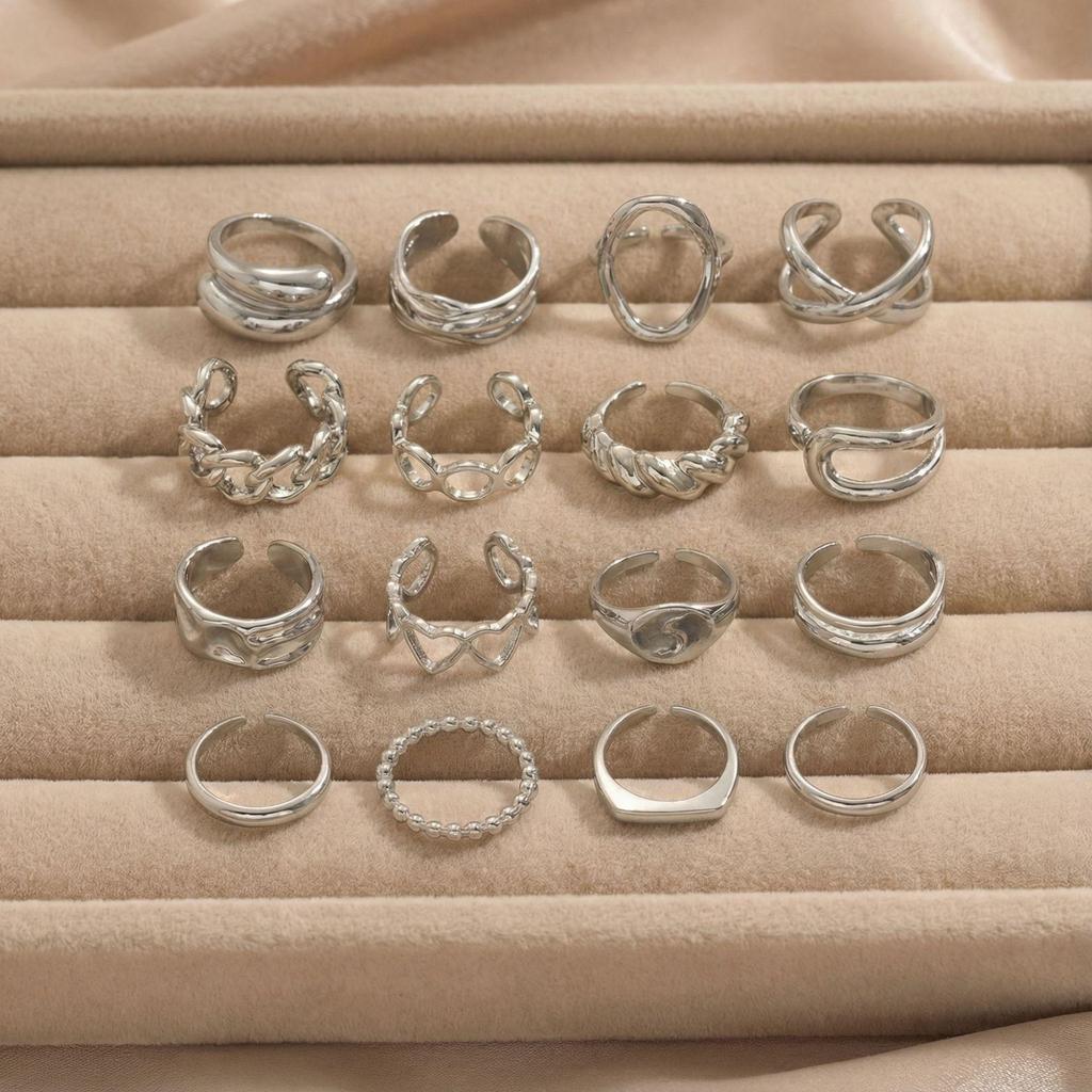 European and American Trendy 16-Piece Geometric Adjustable Ring Set